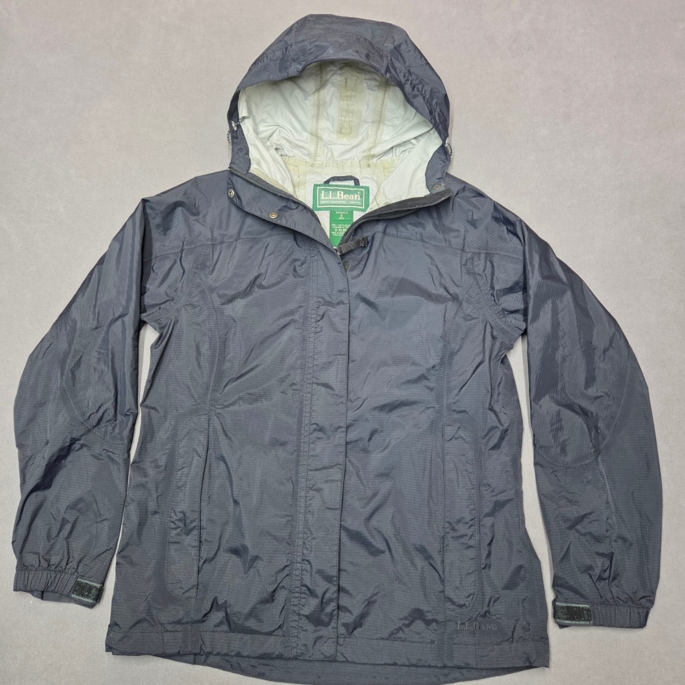 LL Bean Womens Rain Jacket Gray Ripstop Nylon Hooded Shell Coat Small OALB6